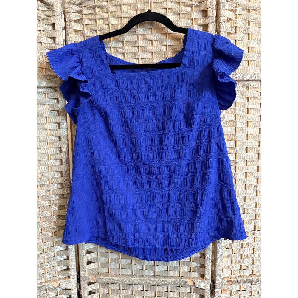 Women's Square Neck Summer Blouse Blue M NWOT Casual Loose Ruffled Cap Sleeve